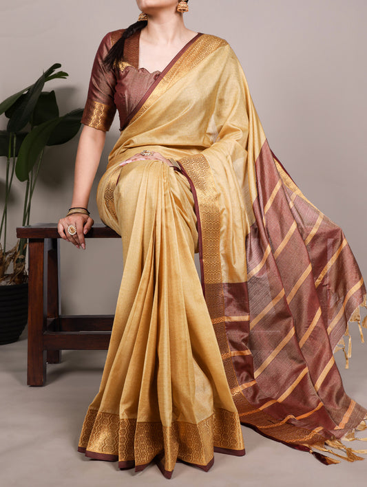 Cream Color Zari Weaving Work Poly Cotton Saree By Yana Fab