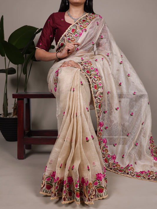 Cream Color Thread Embroidery Work Zari Kota Tissue Saree