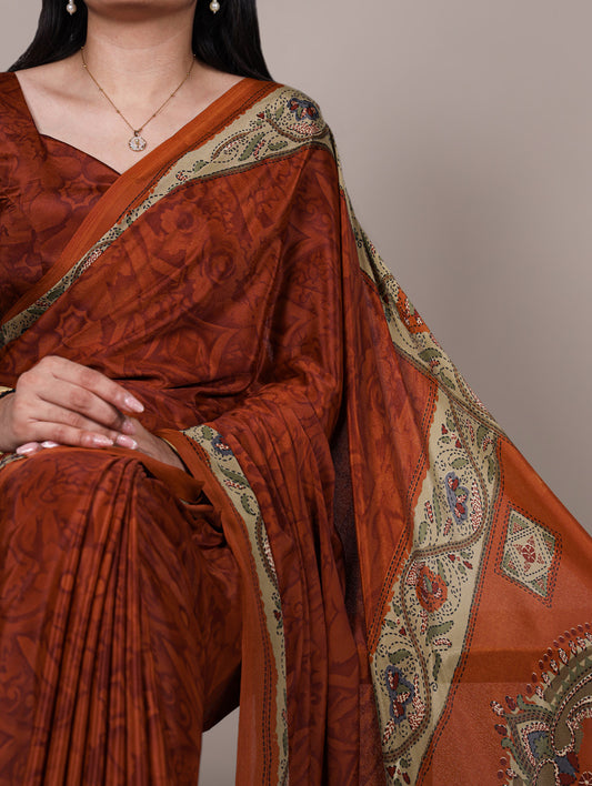 Rust Orange Color Printed Crepe Saree