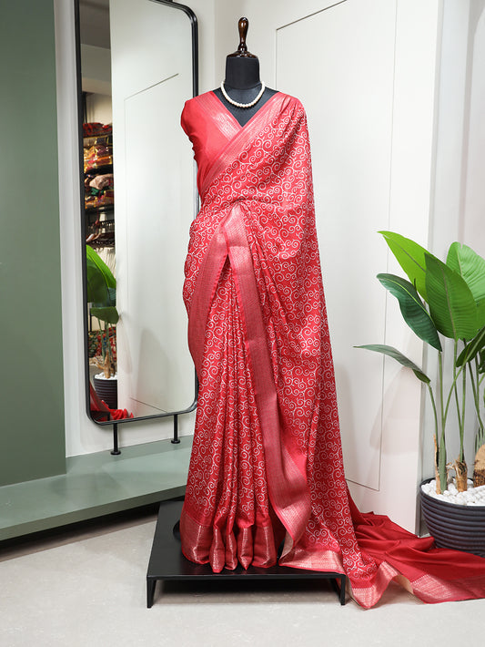 Crimson Color Printed With Zari Border Dola Silk Saree
