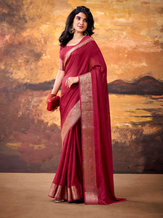 Crimson Color Zari Weaving Work Mass Mello Saree