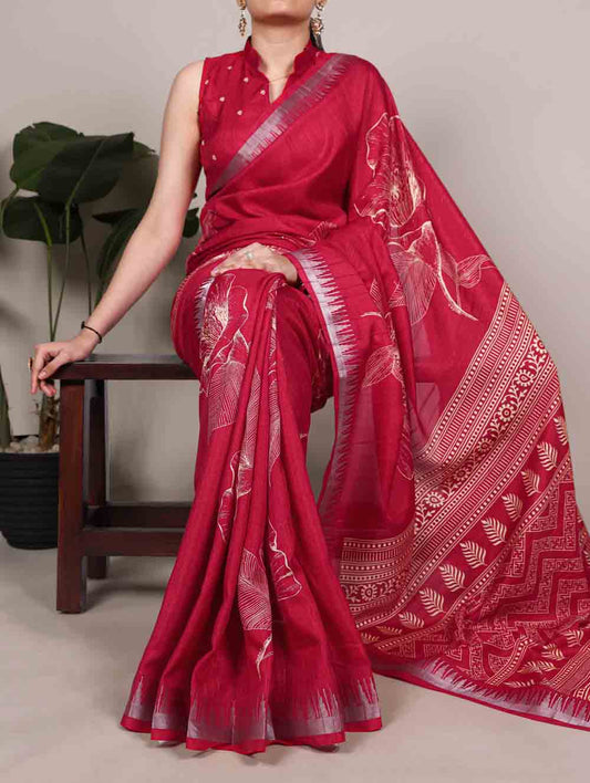 Cherry Red Color Printed Slub Silk Saree