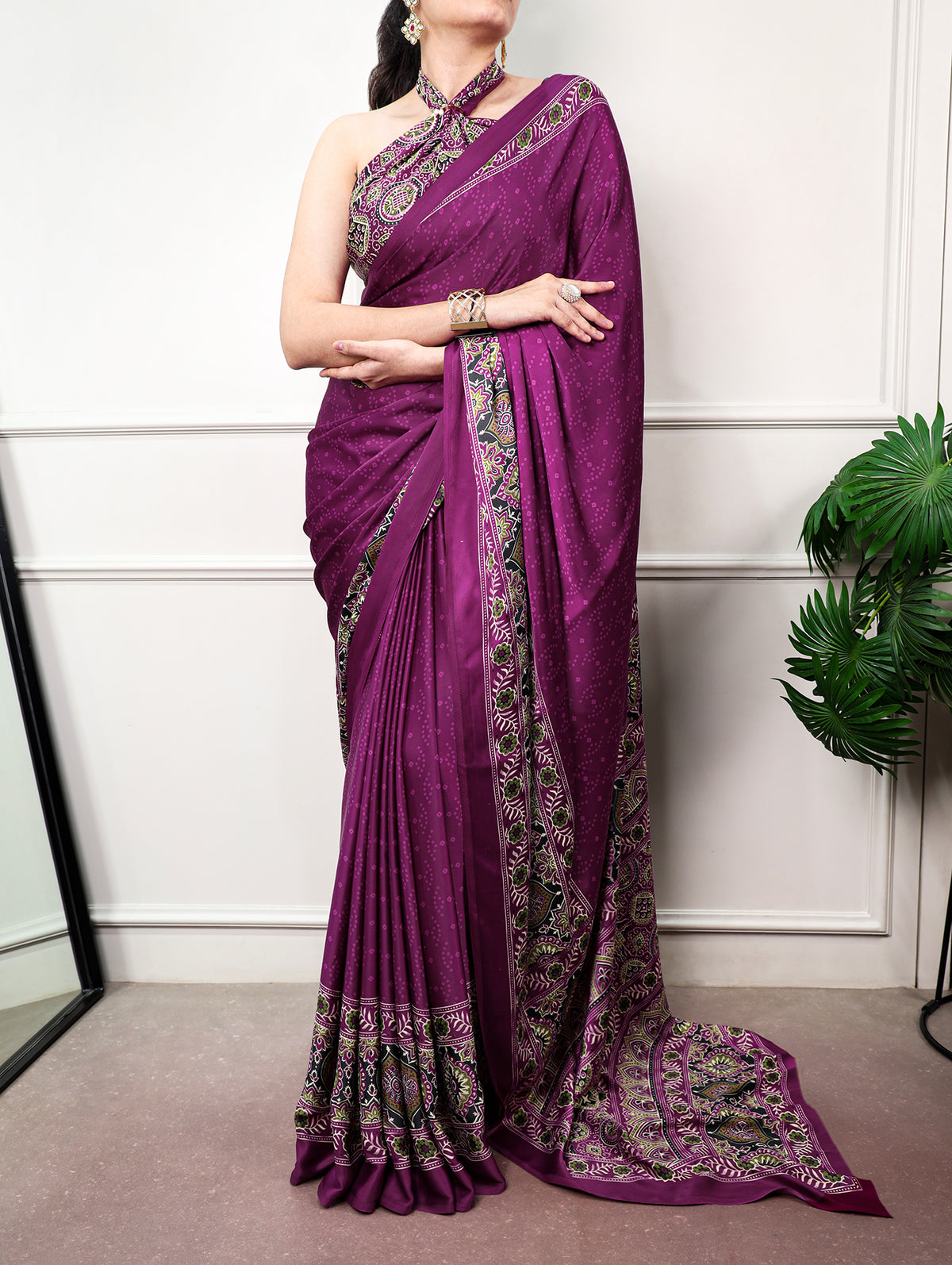 Wine Color Indian Wear Satin Silk Printed Saree