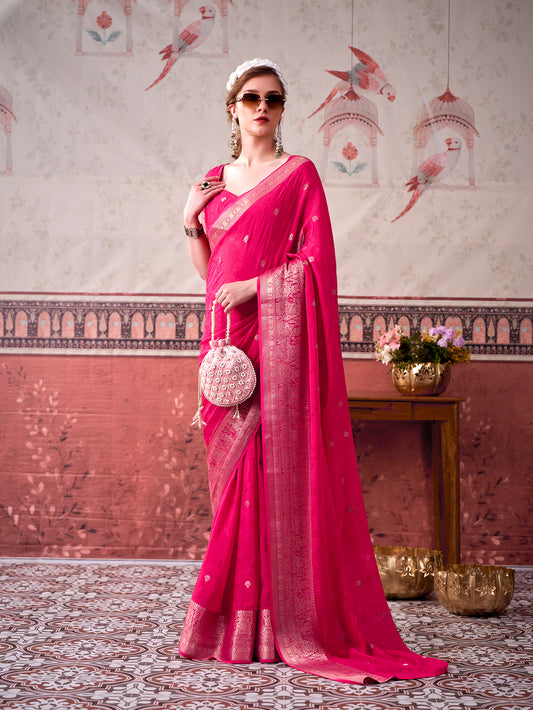 Pink Color Self Printed With Zari Weaving Work Saree