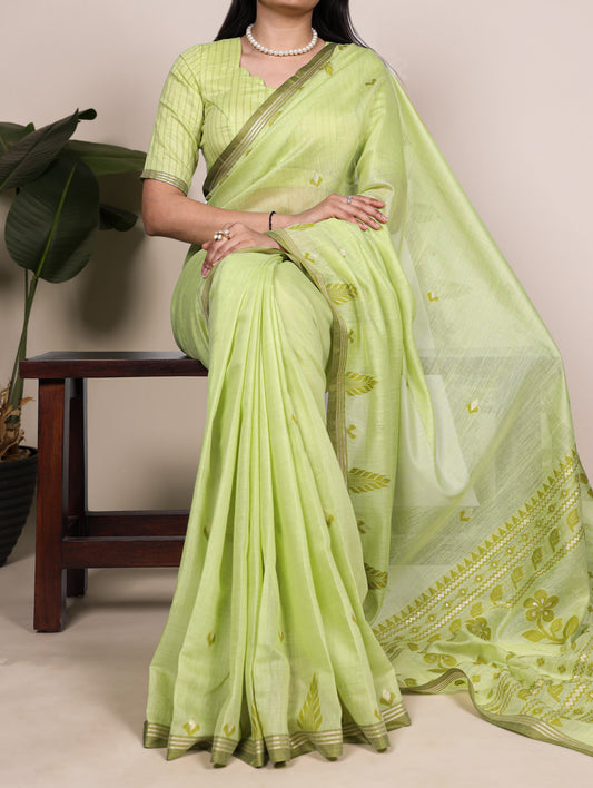 Pista Color Festive Wear Cottn Silk Saree