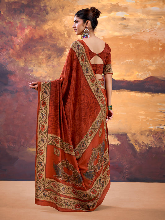 Rust Orange Color Printed Crepe Saree
