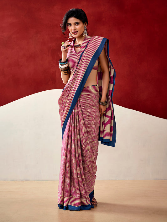 Pink Color Fancy Printed Dull Satin Saree
