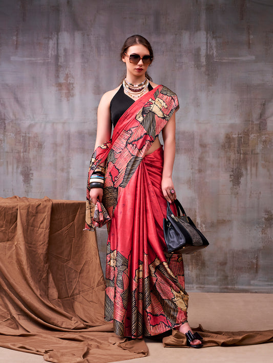 Red Color Printed Fancy Saree