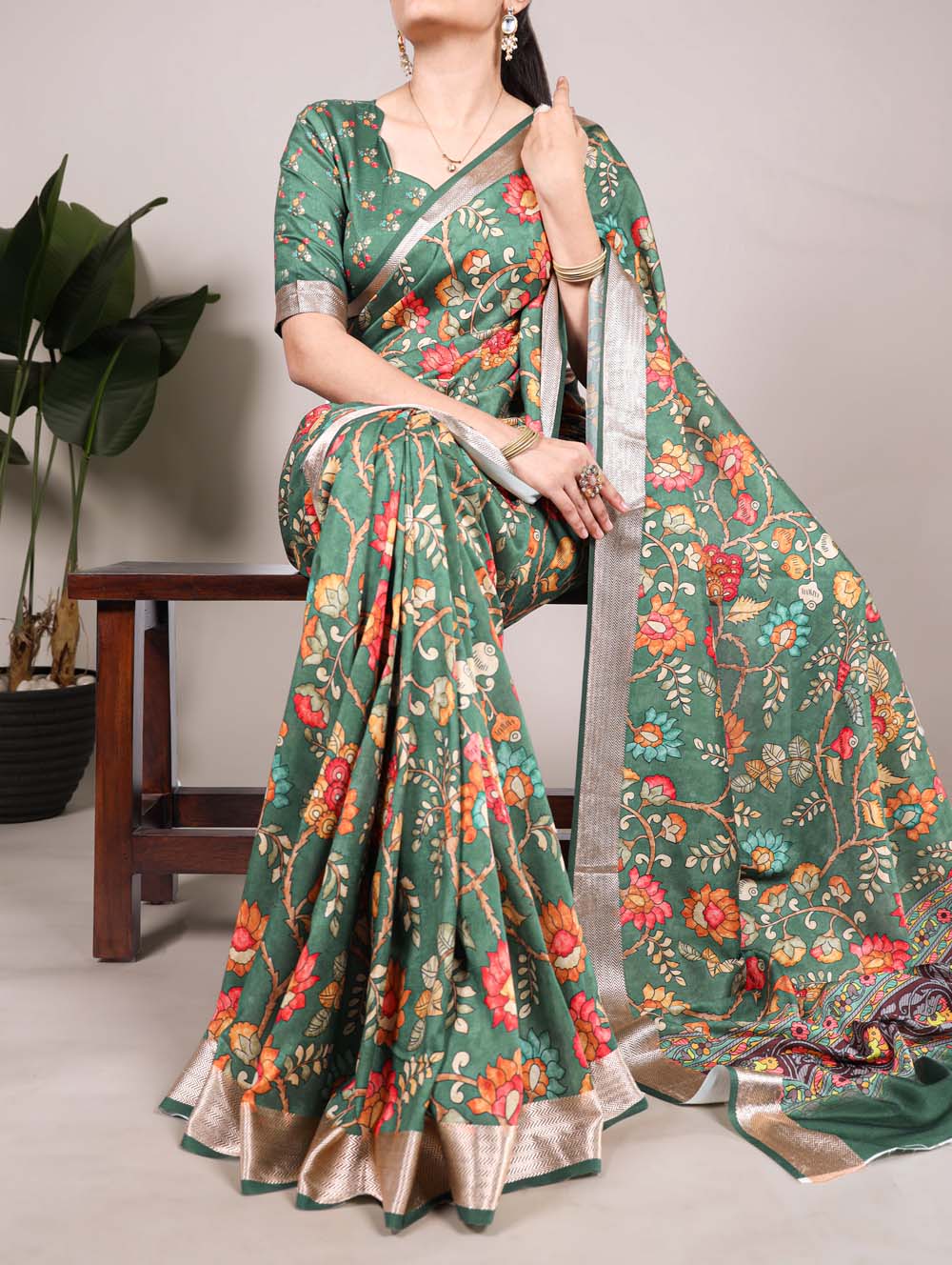Green Color Printed Tussar Silk With Viscose Border Saree