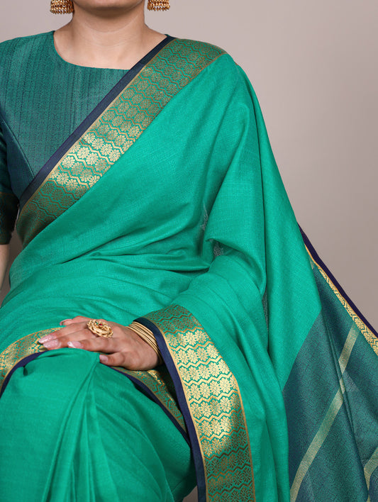 Bottle Green Color Zari Weaving Work Poly Cotton Saree By Yana Fab