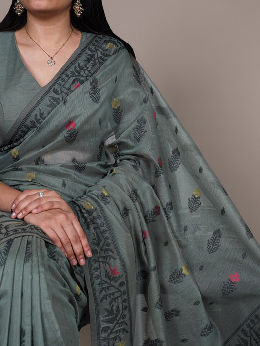 Dark Firozi Color Thread Embroidery Work Poly Cotton Saree