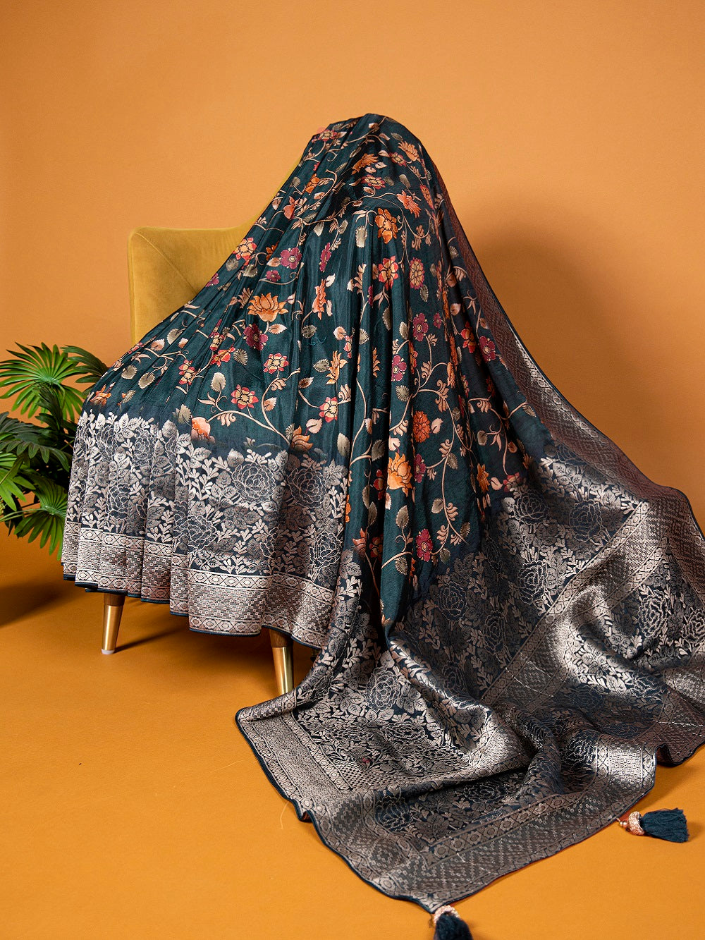 Dark Green Color Kalamkari Print And Weaving Work Viscose Wedding Saree