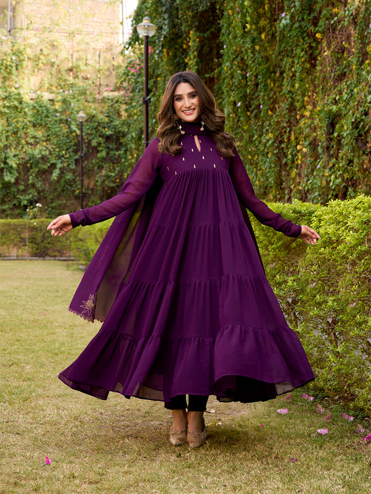 Dark Purple Color Foil Work Marbel Gown