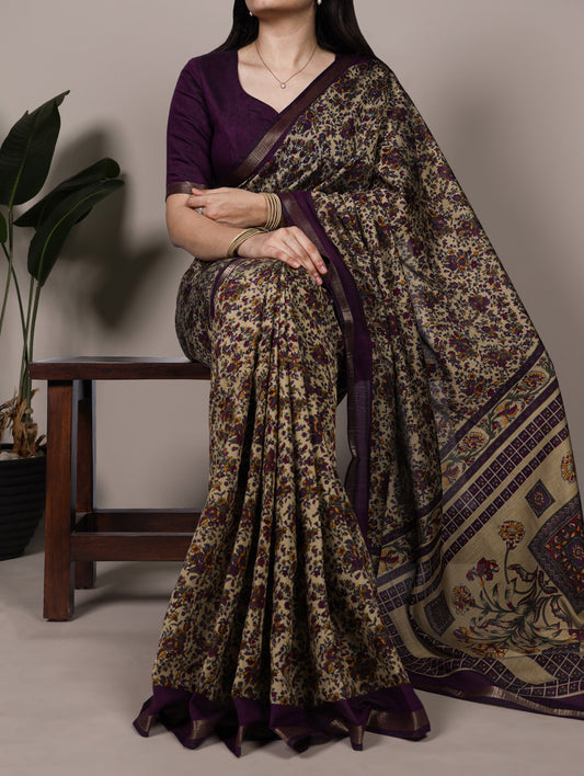 Dark Purple Color Printed With Zari Weaving Work Polyester Viscose Chanderi Saree