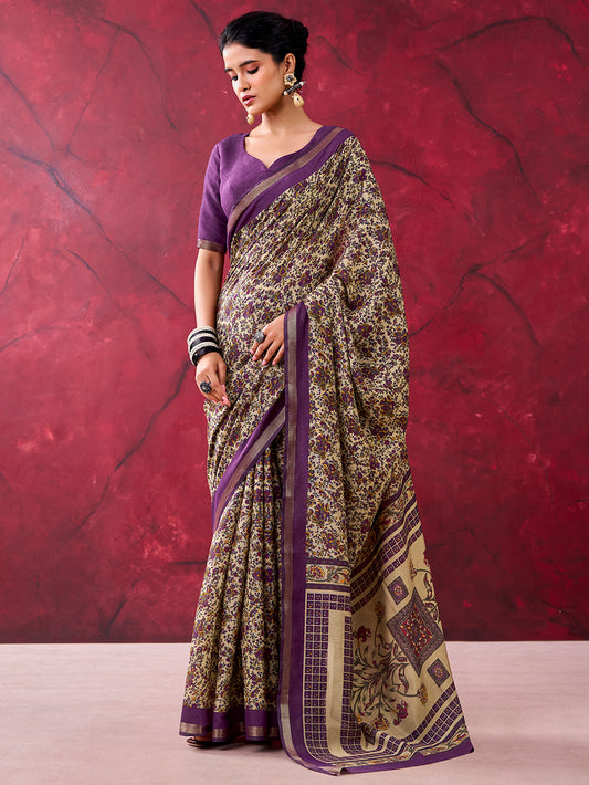 Dark Purple Color Printed With Zari Weaving Work Polyester Viscose Chanderi Saree