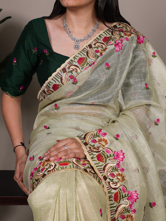 Pista Color Thread Embroidery Work Zari Kota Tissue Saree