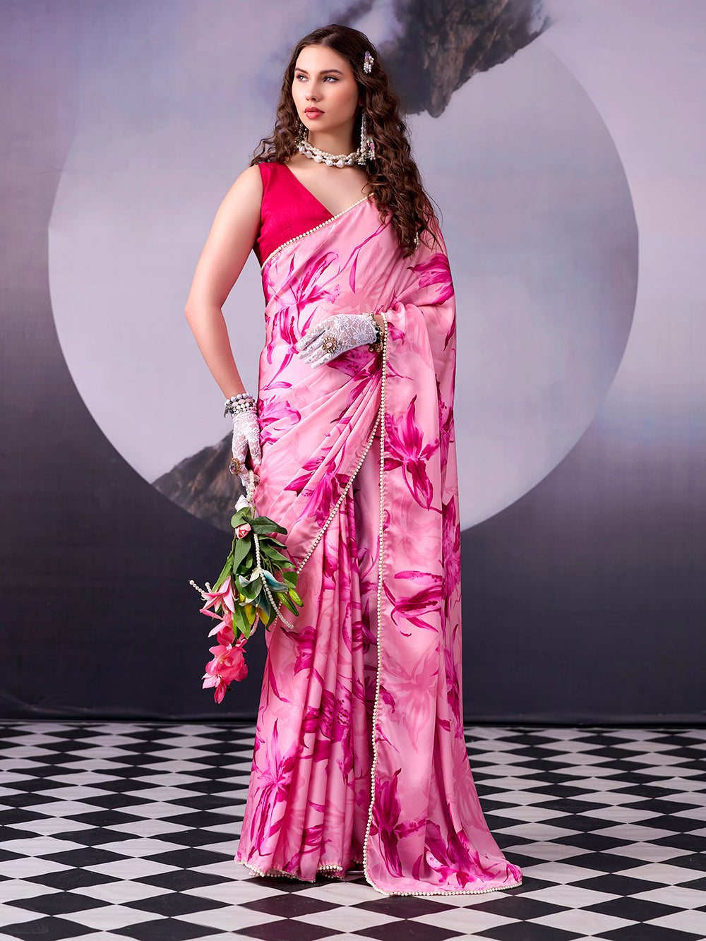 Pink Color Fancy Floral Saree