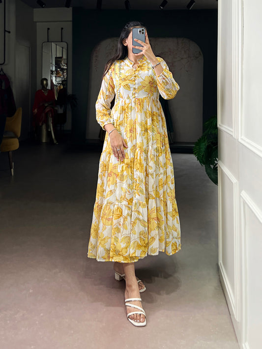 Yellow Color Floral And Foil Printed Weightless Marbel Frock