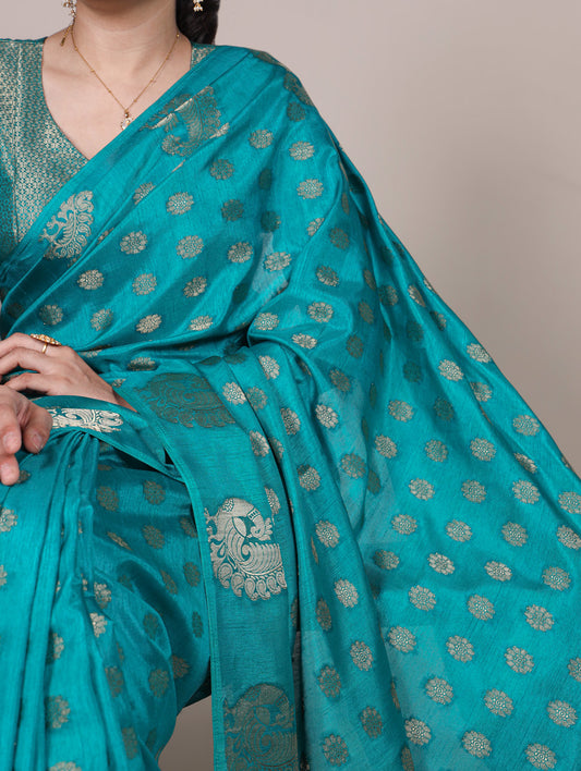 Firozi Color Zari Weaving Work Roop Silk Saree