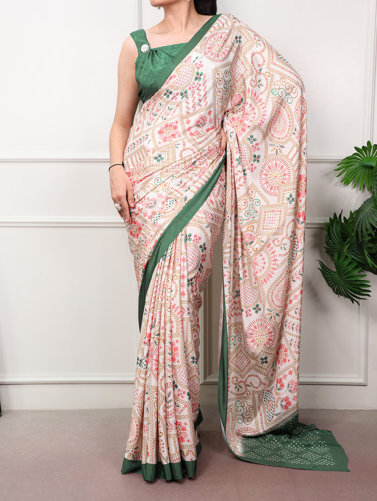 Floral Printed Saree With Green Border