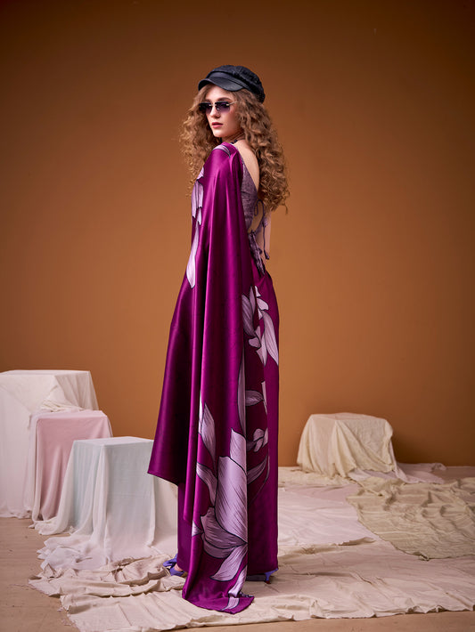 Pink Color Floral Print Satin Silk Saree