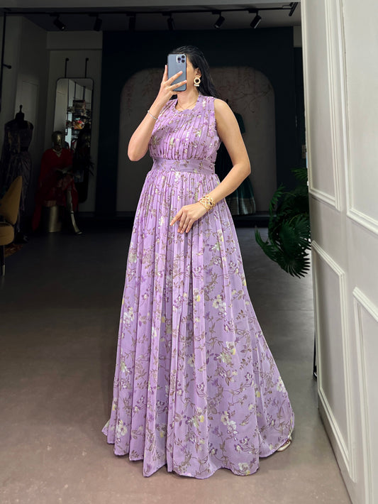 Lavender Color Floral Printed Weightless Marbel Gown
