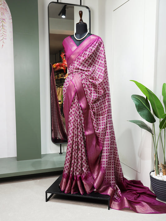 Purple Color Printed With Zari Border Dola Silk Saree