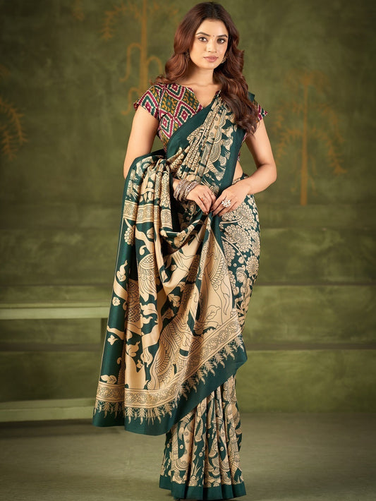 Green Color Kalamkai Print Saree