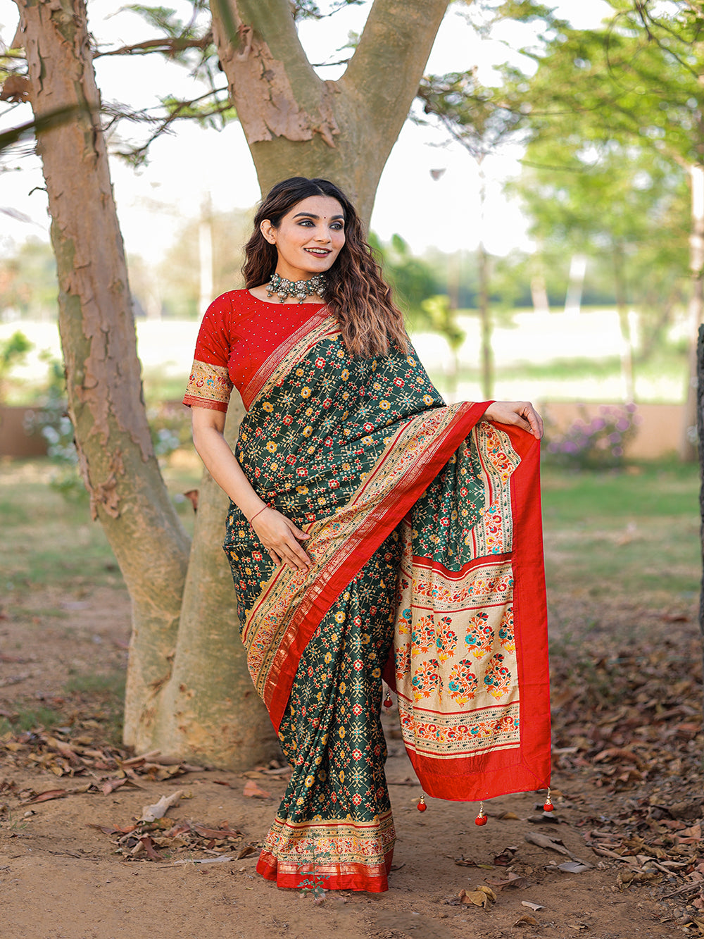 Green Color Foil Printed And Stone Work Dola Silk Saree