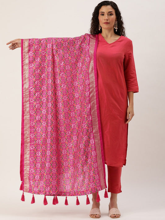 Pink Color Patola Print With Foil Work Also Comes With Tassels Tussar Silk Dupatta