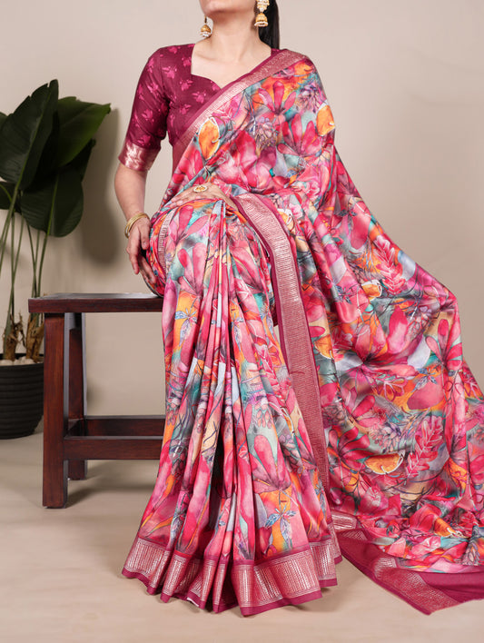 Multi Color Printed Tussar Silk With Viscose Border Saree