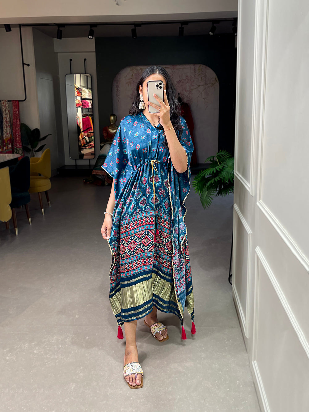 Teal Color Digital Print With Gotta Patti Lace Border Gaji Silk Kaftan