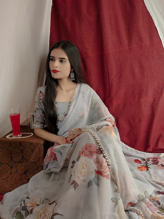 Off White Color Printed With Pearl Lace Border Georgette Saree