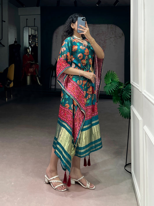 Teal Color Digital Printed Pure Gaji Silk Kaftan