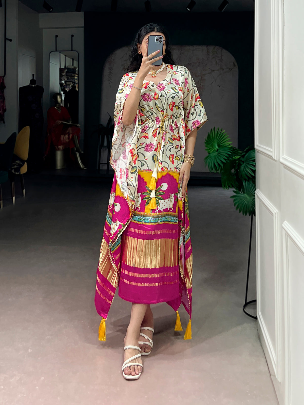 White Color Digital Printed Pure Gaji Silk Kaftan