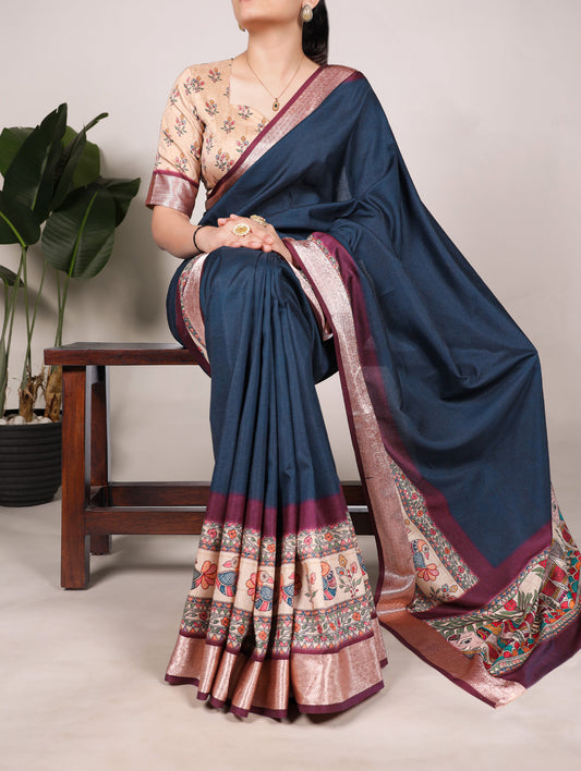 Prussion Color Printed Tussar Silk With Viscose Border Saree