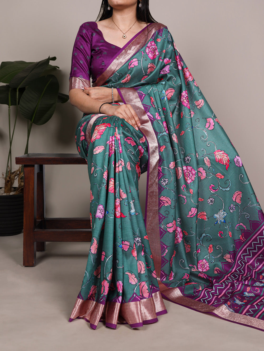 Dusty Teal Color Wedding Wear Tasar Silk Saree