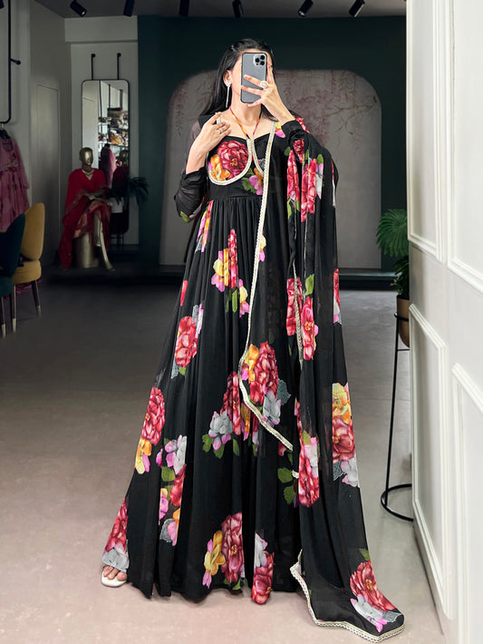 Black Color Floral Print With Lace Border Chiffon Gown
