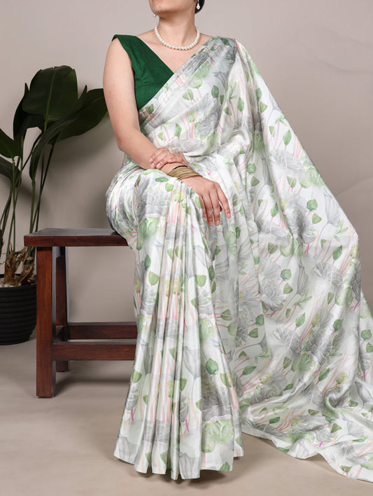 See Green Color Floral Printed Satin Silk Saree