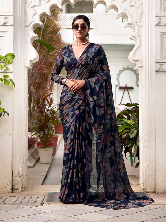 Navy Blue Color Floral Viscose Lurex Brasso Saree