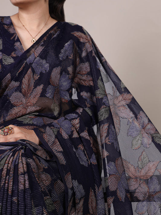 Navy Blue Color Floral Viscose Lurex Brasso Saree