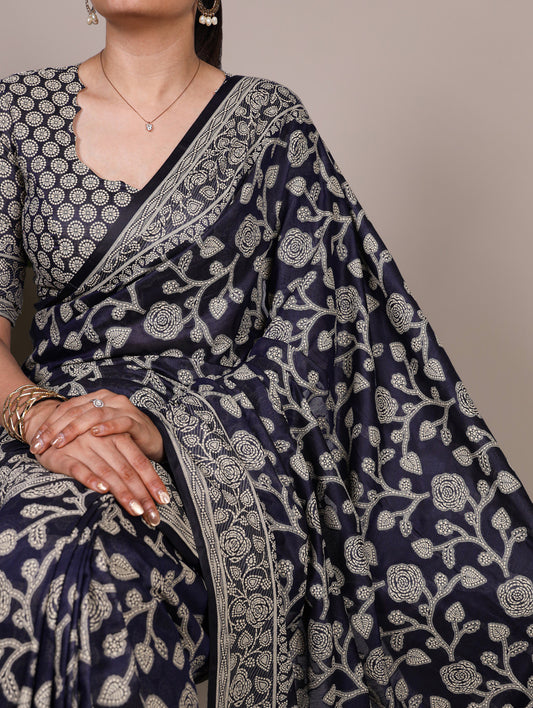 Navy Blue Color Printed Cotton Silk Saree