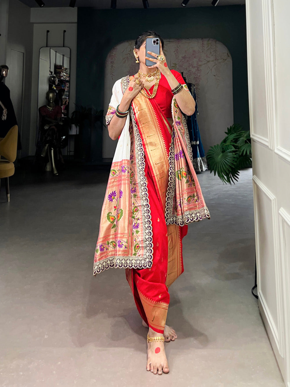 Red Color Zari Weaving Work With Jacquard Silk (Paithani) Maharashtrian Bride Saree
