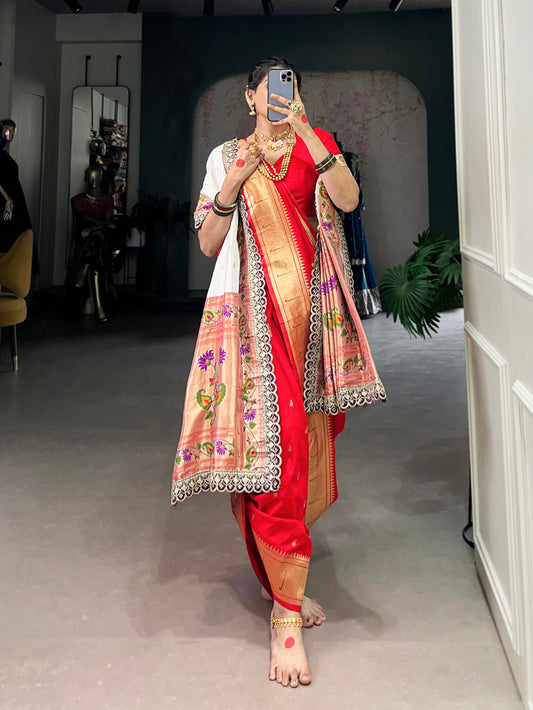Red Color Zari Weaving Work With Jacquard Silk (Paithani) Maharashtrian Bride Saree