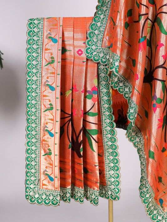Orange Color Weaving Zari Work With Sequins And Embroidery Lace Jacquard Silk Dupatta
