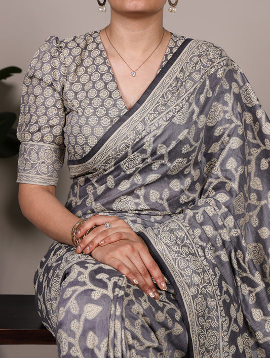Grey Color Printed Cotton Silk Saree