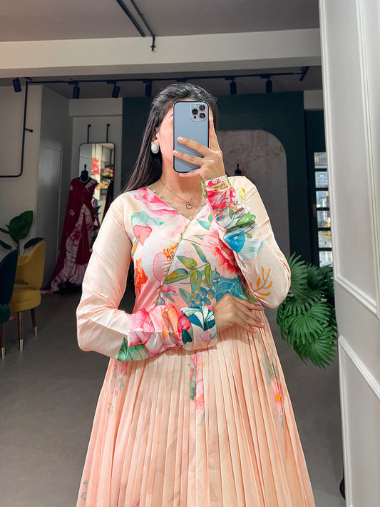 Cream Color Floral Printed Tussar Silk Dress