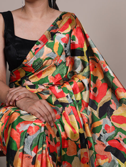 Multi Color Floral Printed Satin Silk Saree