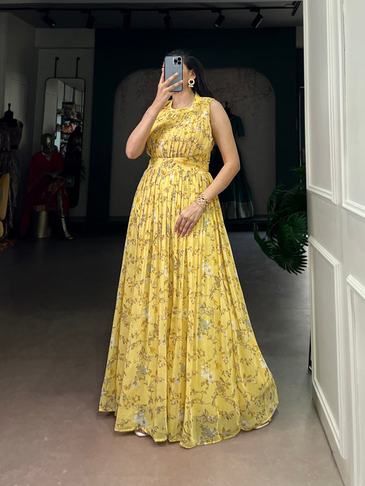 Yellow Color Floral Printed Weightless Marbel Gown