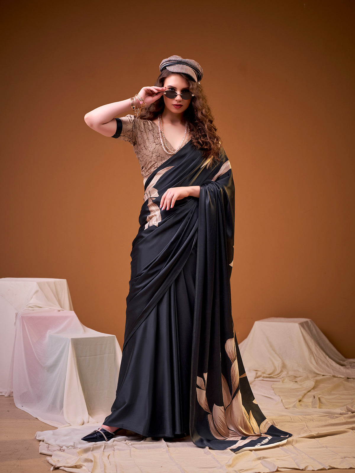 Black Color Floral Print Satin Silk Saree